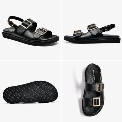 BeauToday Casual Sandals Women Genuine Leather Metal Ankle Buckle Strap Summer Beach Ladies Low Heel Sport Shoes Handmade 38128