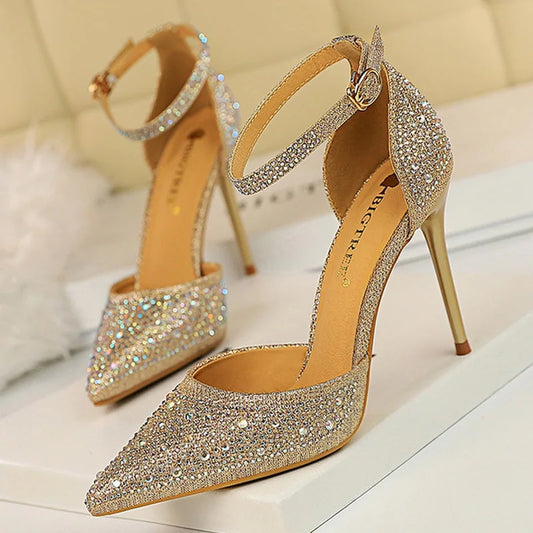 Zapatos BIGTREE Tacones Altos Brillantes con Pedrería Zapatos de Mujer Stiletto Dulces Zapatos de Boda Sandalias de Mujer 10 Cm