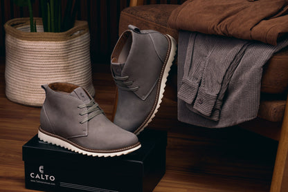 CALTO - J2192 - 2.6 Inches Taller (Grey/White Sole) - Nubuck Chukka Boots