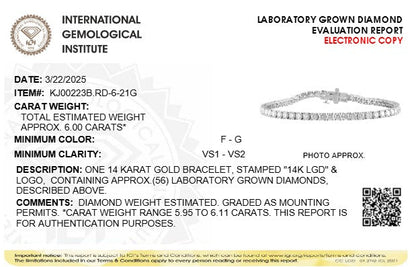 IGI Certified 14K White Gold 6.0 Cttw Lab Grown Diamond Tennis Bracelet