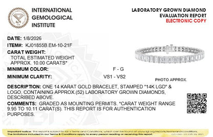 IGI Certified 14K White Gold 10.0 Cttw Emerald Cut Lab Grown Diamond Tennis Bracelet