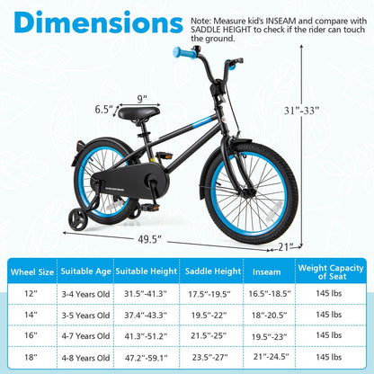 Kids Bike with Adjustable Handlebar and Saddle Black-18 Inches