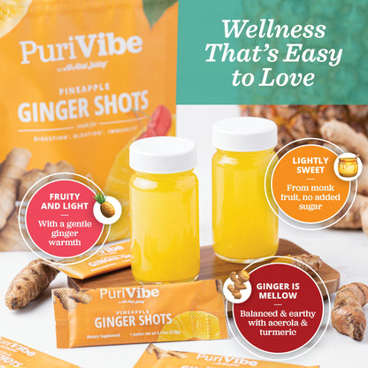 PuriVibe Pineapple Ginger Shot - Superfood Juice Powder, Wellness Shots Supplement - Supports Immunity & Digestion - Stick Packs