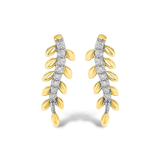Boucles d'oreilles pendantes en or jaune 14 carats avec diamants (0,10 carat au total) motif feuille