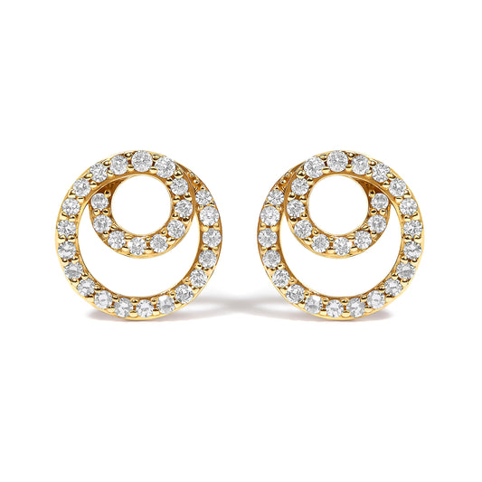 Boucles d'oreilles clous doubles cercles en or jaune 14 carats et diamants (0,38 carat total)
