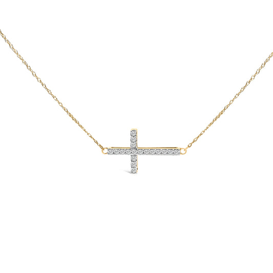 Collier Pendentif Croix Horizontale en Or Jaune 10K et Diamants (0,20 Carat Poids Total)