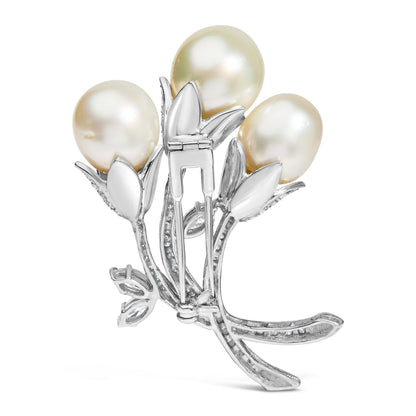 18K White Gold 2 1/5 Cttw Diamond and South Sea Pearl Floral Brooch Pin (G-H Color, VS1-VS2 Clarity)