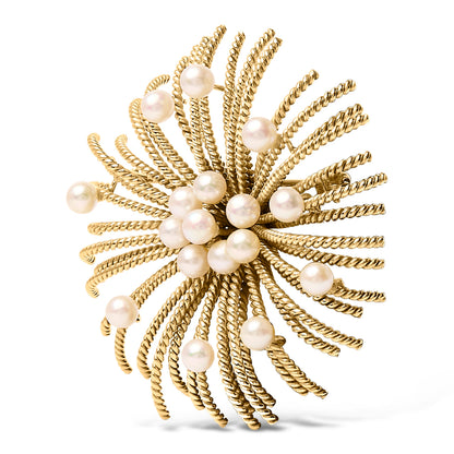18K Yellow Gold Cultured Freshwater Pearl Starburst Brooch Pin