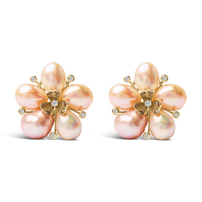 18K Rose Gold 3/8 Cttw Diamond and Freshwater Pearl Blossom Stud Earrings