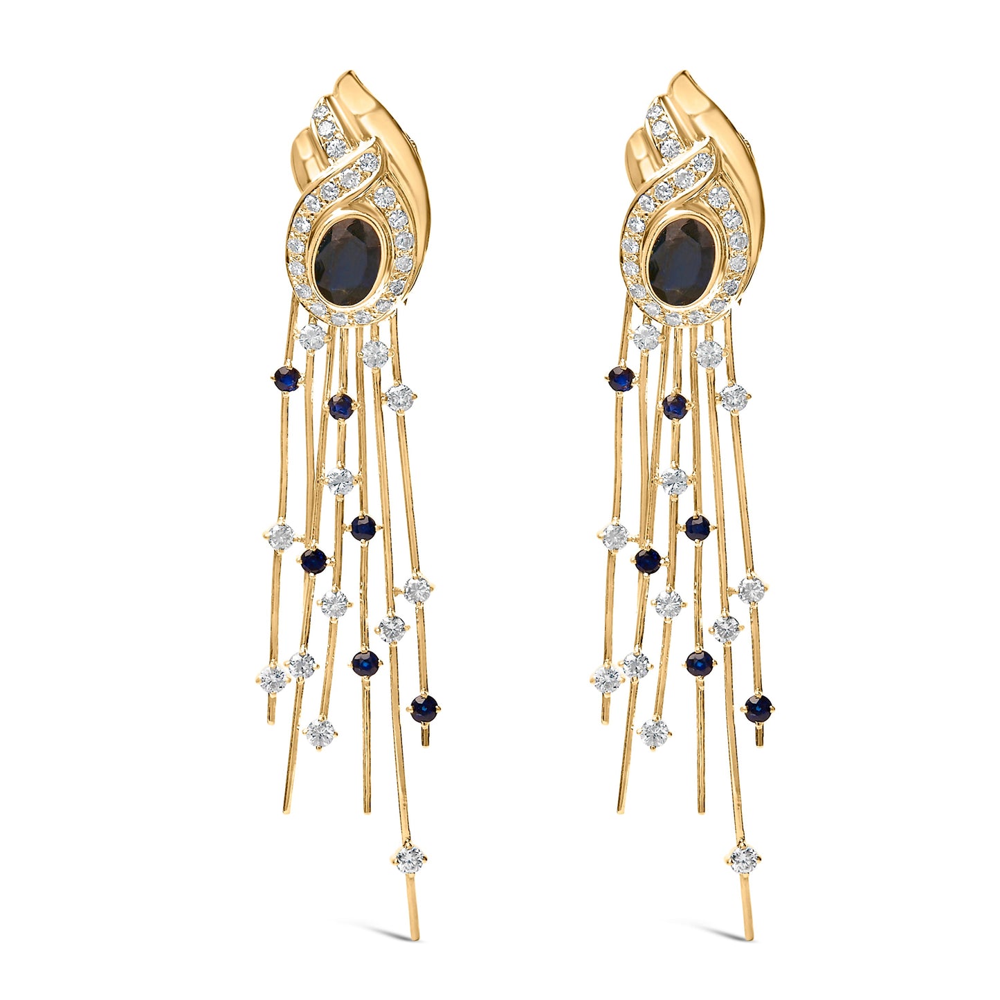 14K Yellow Gold 1.0 Cttw Diamond and Blue Sapphire Chandelier Earrings