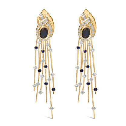 14K Yellow Gold 1.0 Cttw Diamond and Blue Sapphire Chandelier Earrings