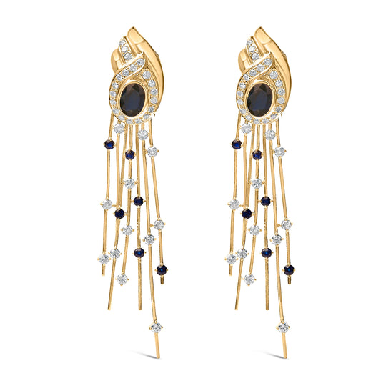 Boucles d'oreilles pendantes en or jaune 14 carats avec diamants 1,0 carat et saphirs bleus