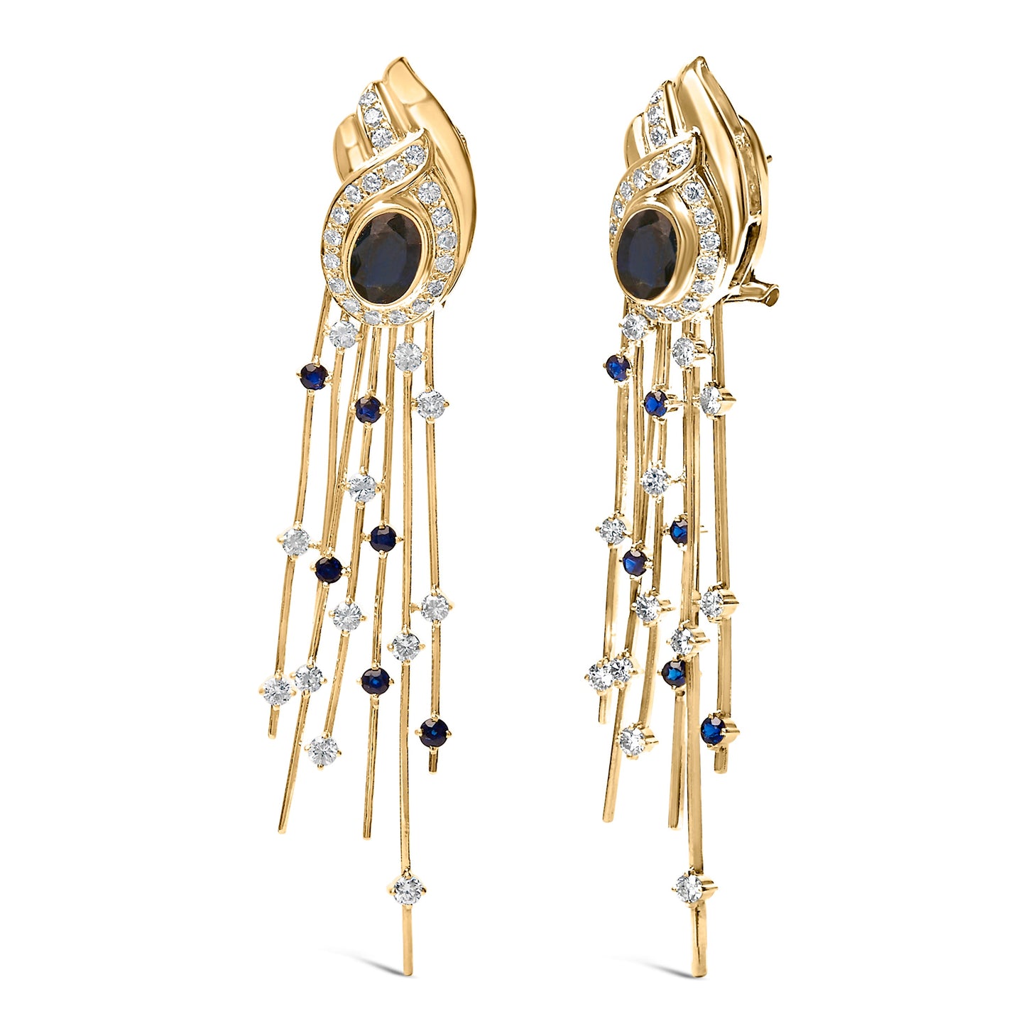 14K Yellow Gold 1.0 Cttw Diamond and Blue Sapphire Chandelier Earrings