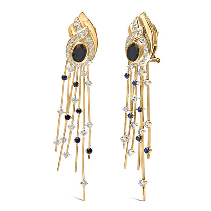 14K Yellow Gold 1.0 Cttw Diamond and Blue Sapphire Chandelier Earrings