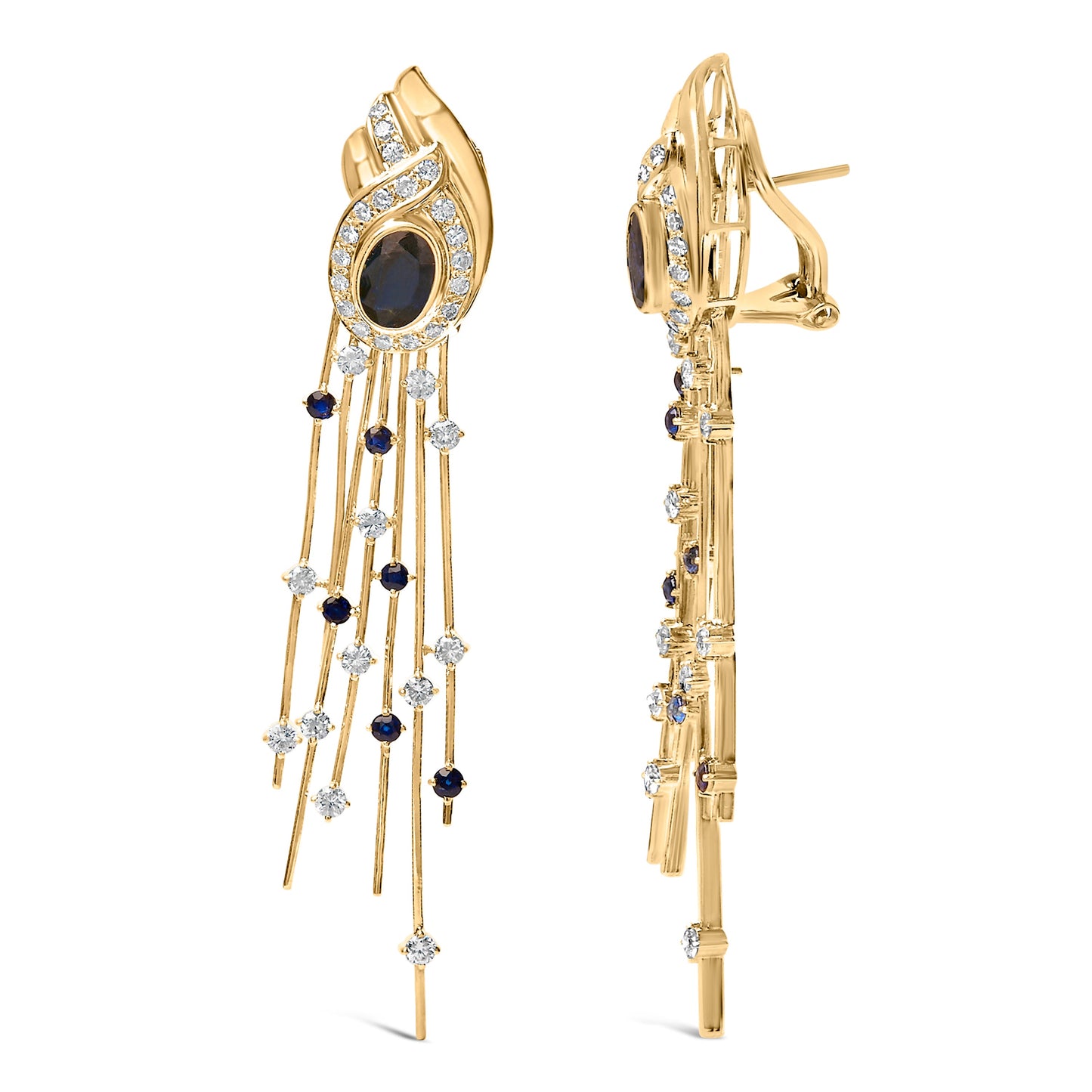 14K Yellow Gold 1.0 Cttw Diamond and Blue Sapphire Chandelier Earrings
