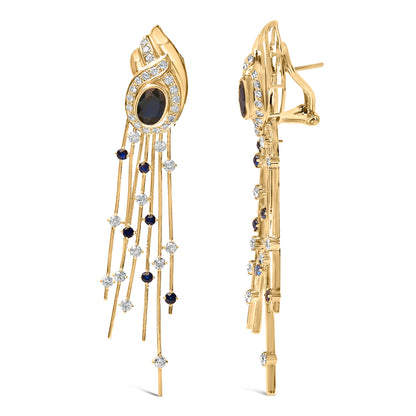 14K Yellow Gold 1.0 Cttw Diamond and Blue Sapphire Chandelier Earrings