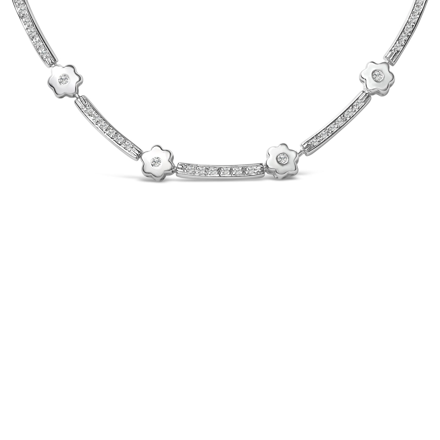 14K White Gold 1.0 Cttw Diamond Flower and Bar Station Necklace