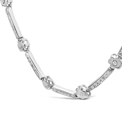 14K White Gold 1.0 Cttw Diamond Flower and Bar Station Necklace