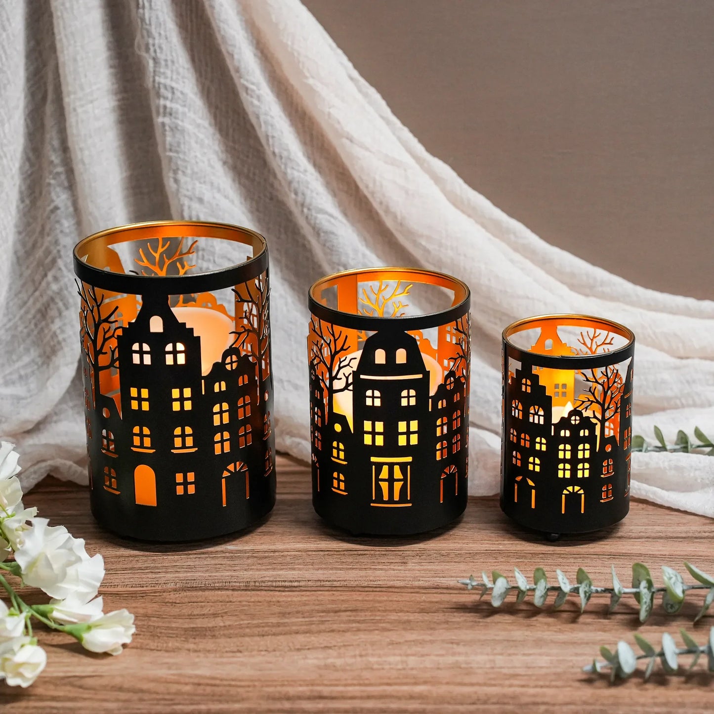 7" H Etched Metal Candle Holder Village Decorations