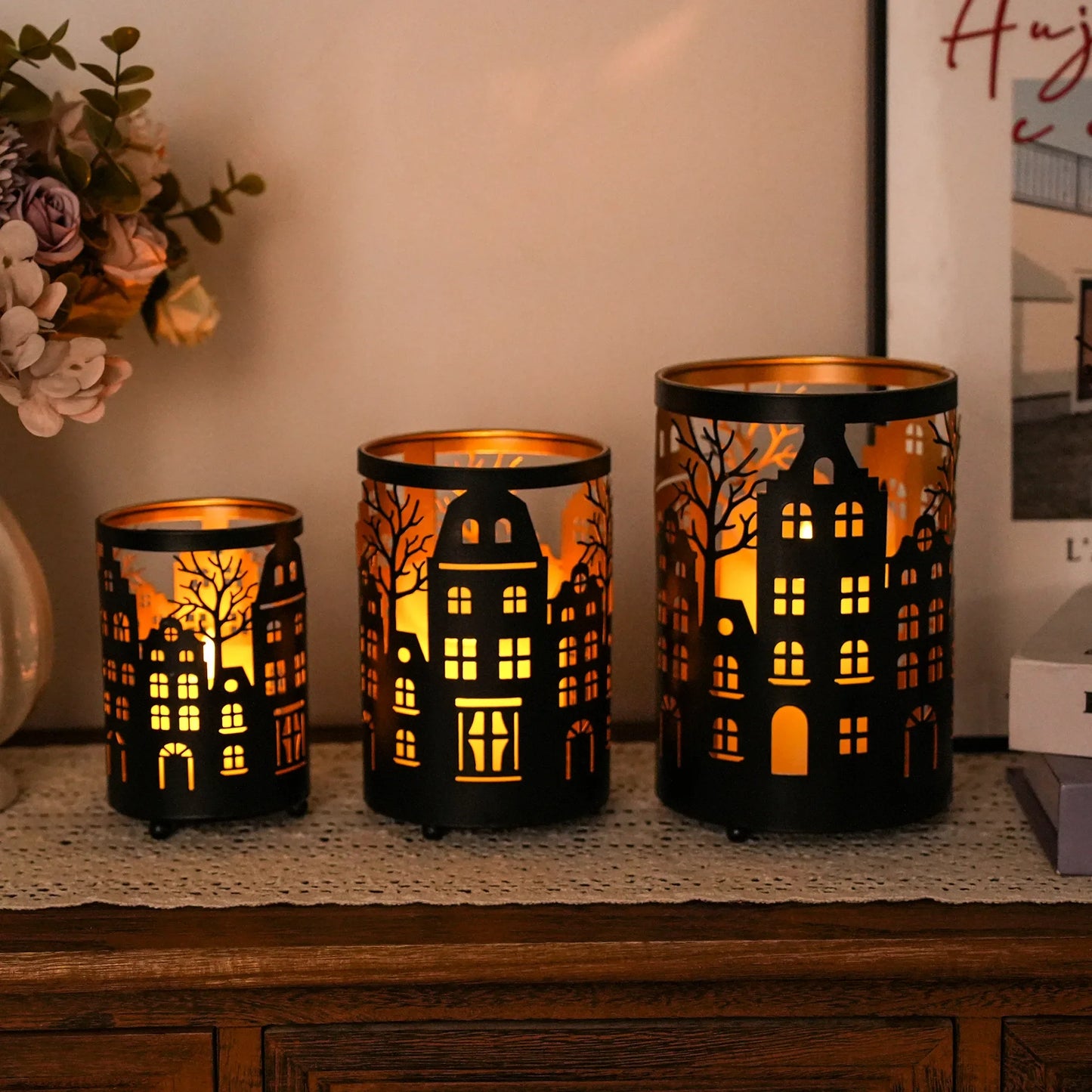 7" H Etched Metal Candle Holder Village Decorations