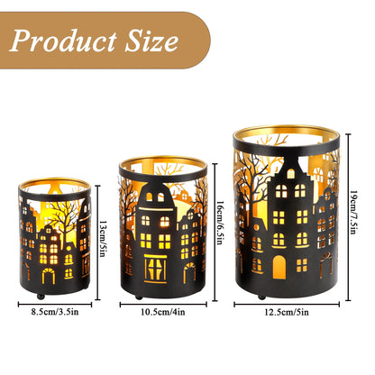12PCS Village Silhouette Candle Lantern 7.5" H Etched Bronze Metal Candle Holder Decorations for Living Room Tabletop Parties Patio Entryway Indoors Outdoors