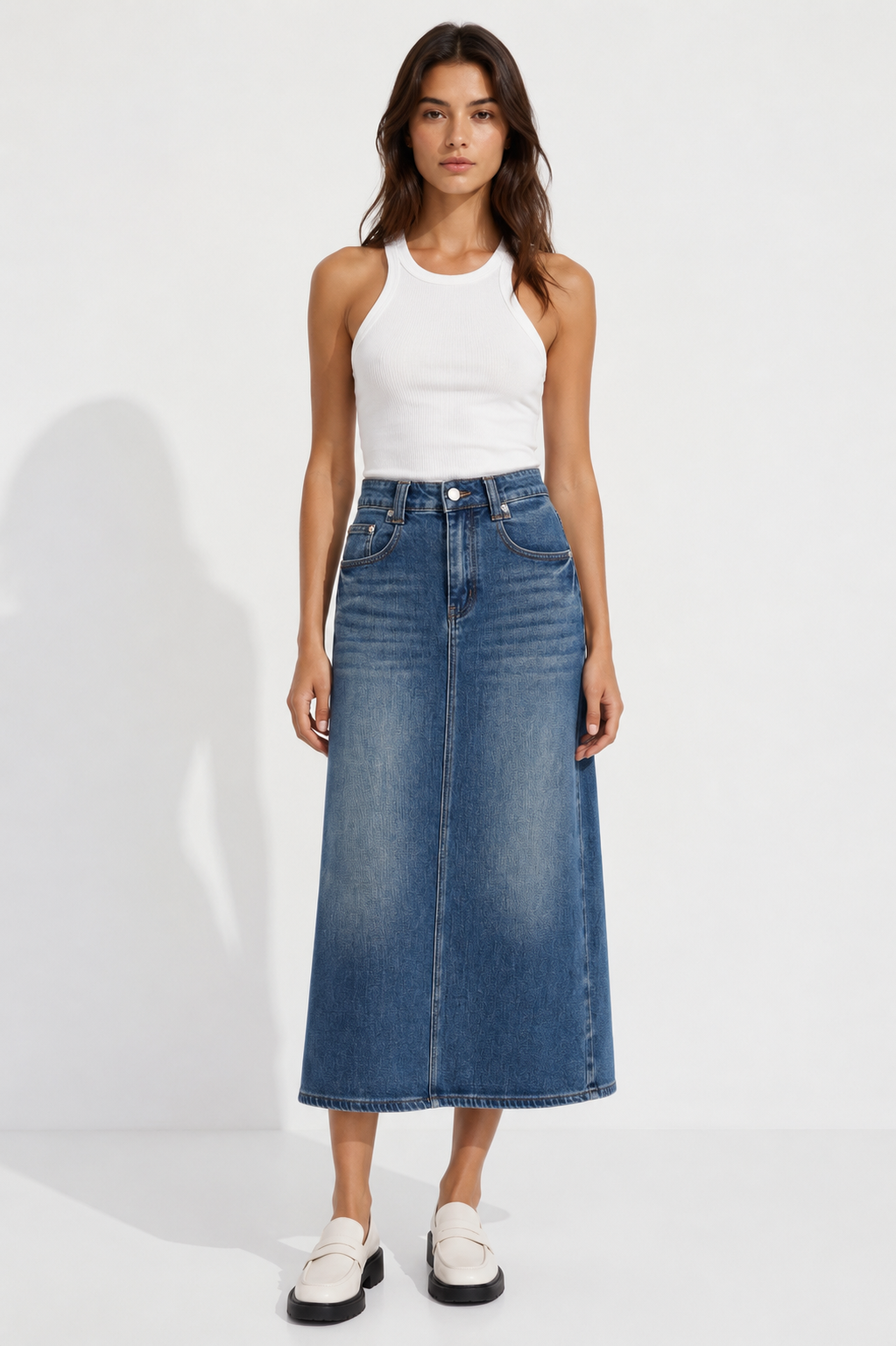 Vintage Wash Denim Midi Skirt for Women