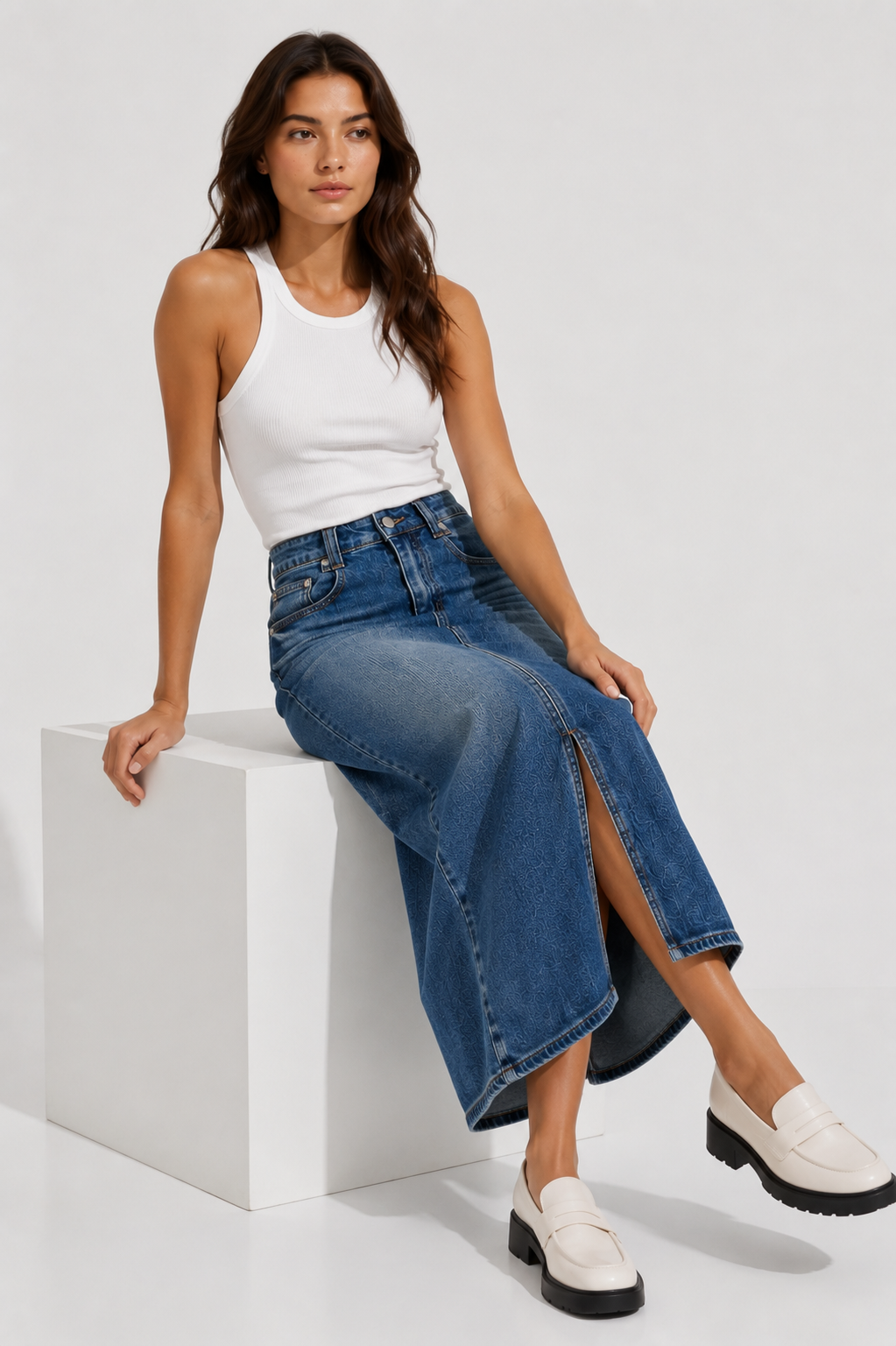 Vintage Wash Denim Midi Skirt for Women