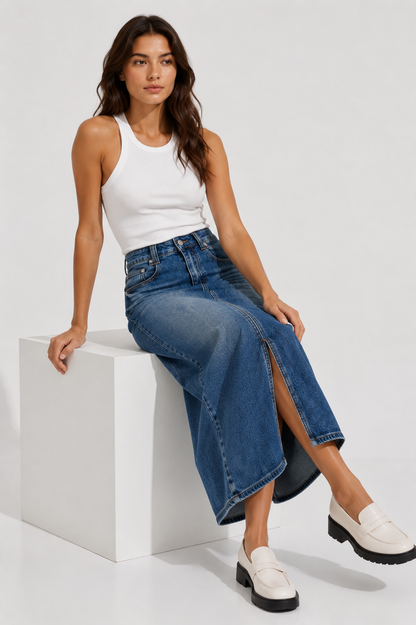 Vintage Wash Denim Midi Skirt for Women