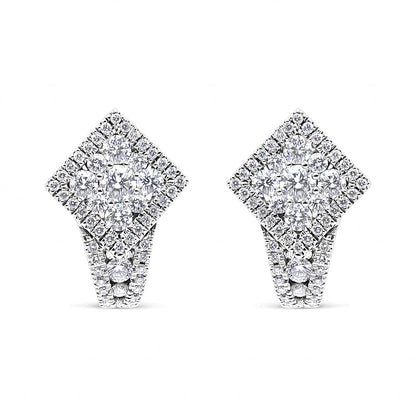 18K White Gold 1 1/10 Cttw Round Diamond Cluster with Halo Hoop Huggie Earring (F-G Color, VS1-VS2 Clarity)