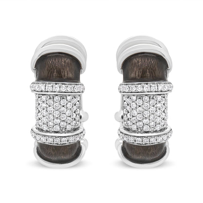 18K White Gold Flash Plated .925 Sterling Silver Clear Graphite Grey Enamel 5/8 Cttw Round Diamonds Huggie Hoop Earrings (F-G Color, VS1-VS2 Clarity)
