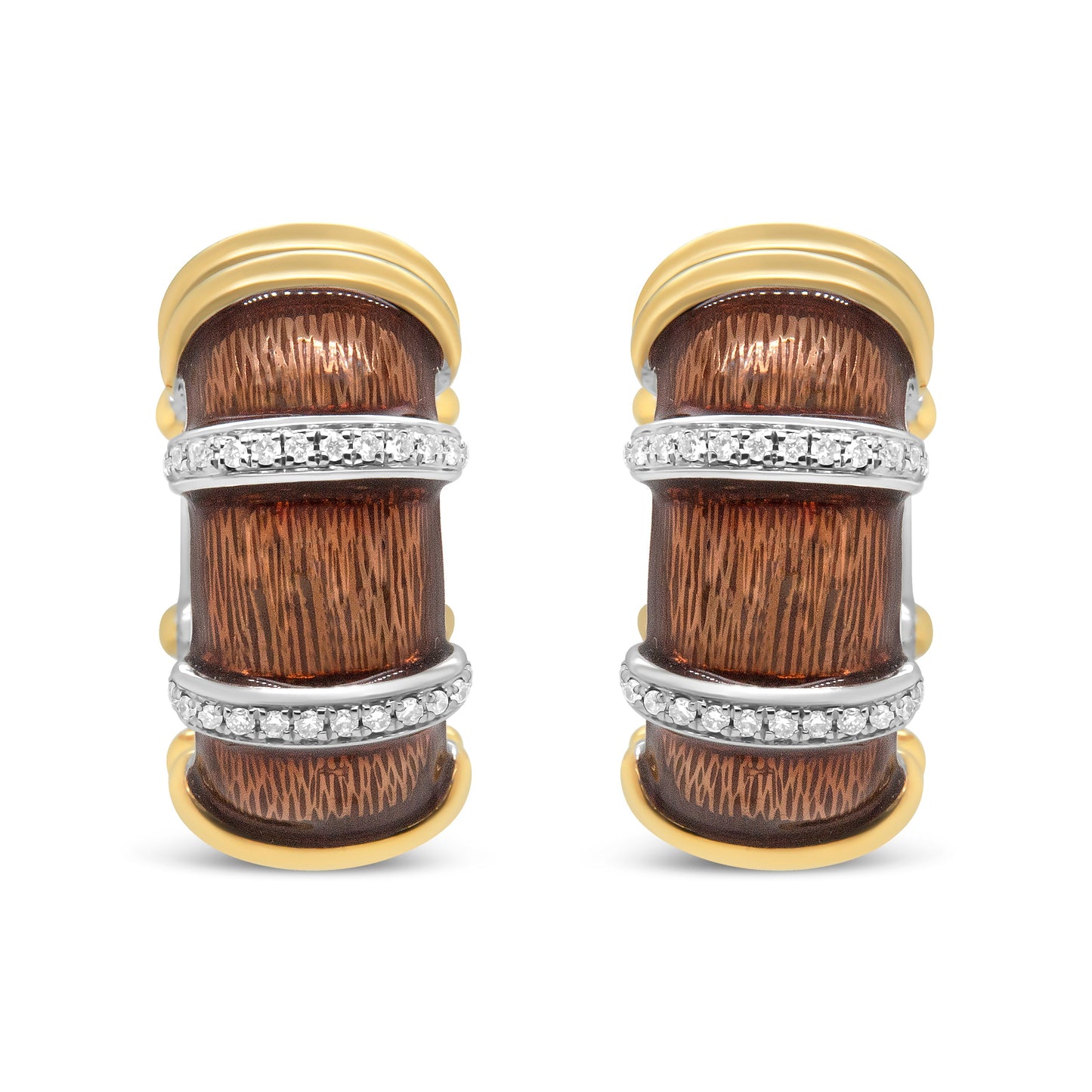 18K Yellow and White Gold Flash Plated .925 Sterling Silver Clear Brown Enamel 9/10 Cttw Round Diamonds Huggie Hoop Earrings (F-G Color, VS1-VS2 Clarity)