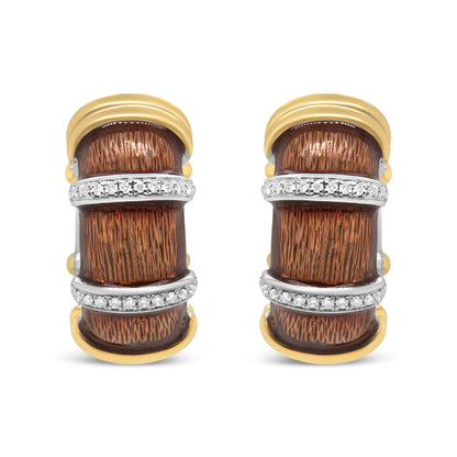 18K Yellow and White Gold Flash Plated .925 Sterling Silver Clear Brown Enamel 9/10 Cttw Round Diamonds Huggie Hoop Earrings (F-G Color, VS1-VS2 Clarity)