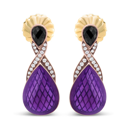 18K Rose Gold Flash Plated .925 Sterling Silver Purple Enamel 1/5 Cttw Round Pave-Set Diamond and 5.5 x 4mm Pear-Shaped Black Onyx Drop Earrings (F-G Color, VS1-VS2 Clarity)