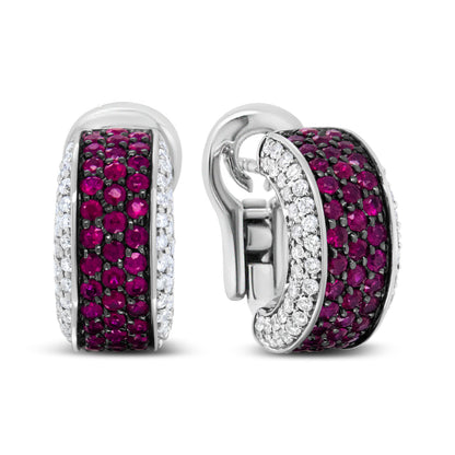 18K White Gold and Black Rhodium Plated 3/4 Cttw Round Diamonds and 1mm Round Red Ruby Huggie Hoop Earrings (F-G Color, VS1-VS2 Clarity)