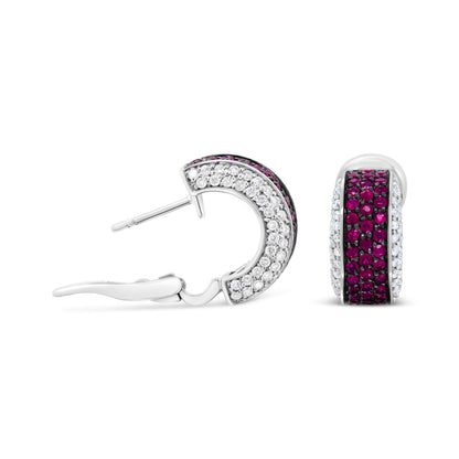 18K White Gold and Black Rhodium Plated 3/4 Cttw Round Diamonds and 1mm Round Red Ruby Huggie Hoop Earrings (F-G Color, VS1-VS2 Clarity)