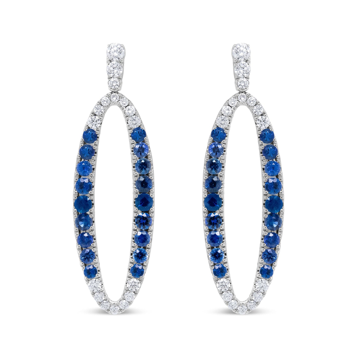 18K White Gold 1.11 Cttw Blue Round Diamond and Blue Sapphire Openwork Oval Shaped Dangle Earrings (F-G Color, VS1-VS2 Clarity)