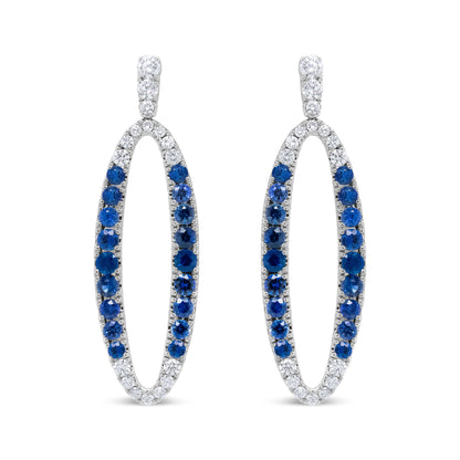 18K White Gold 1.11 Cttw Blue Round Diamond and Blue Sapphire Openwork Oval Shaped Dangle Earrings (F-G Color, VS1-VS2 Clarity)