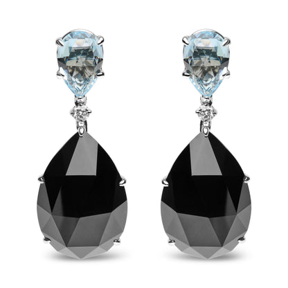 18K White Gold 1/5 Cttw Diamond with Pear Cut Sky Blue Topaz and Pear-Cut Black Onyx Gemstone Dangle Earring (G-H Color, SI1-SI2 Clarity)