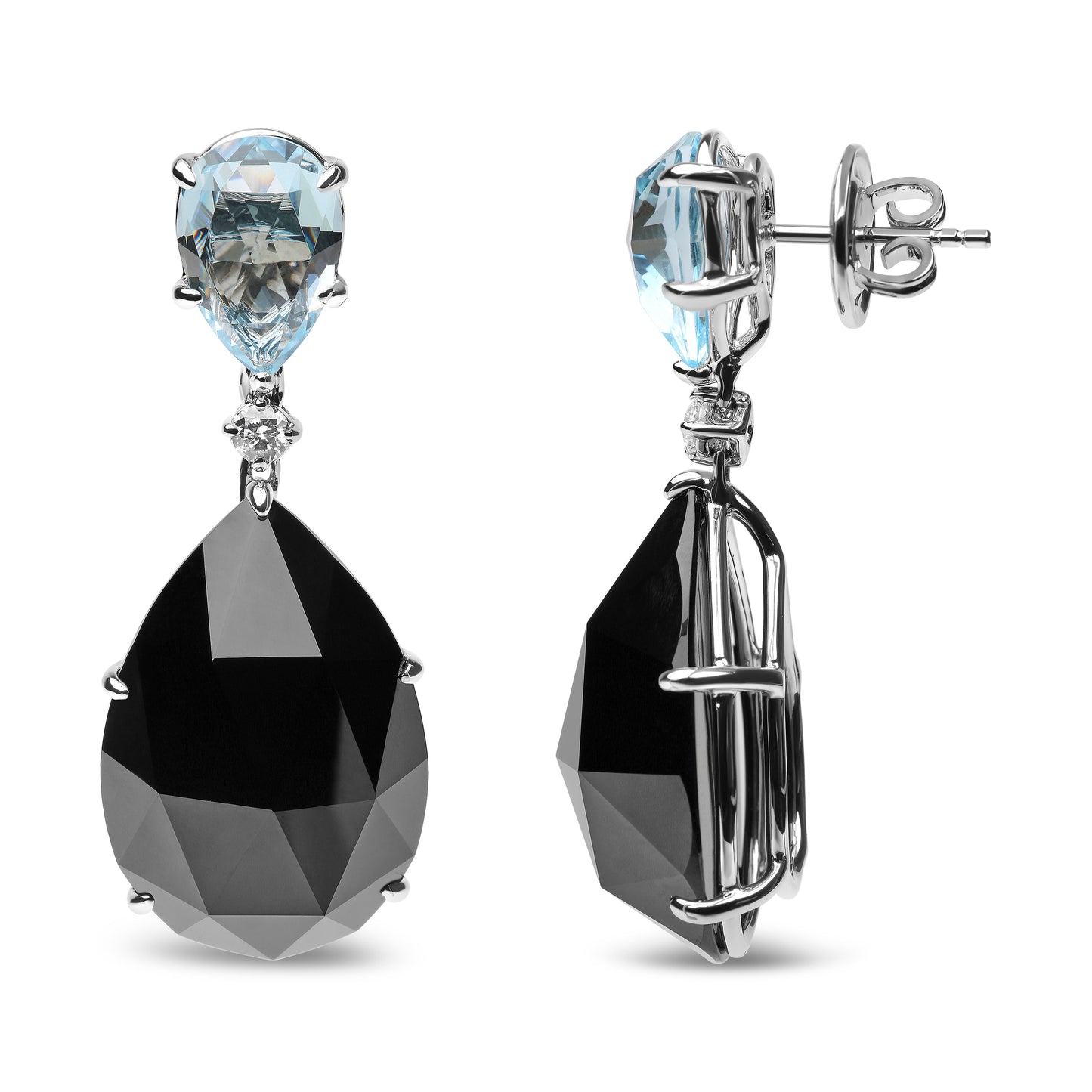 18K White Gold 1/5 Cttw Diamond with Pear Cut Sky Blue Topaz and Pear-Cut Black Onyx Gemstone Dangle Earring (G-H Color, SI1-SI2 Clarity)