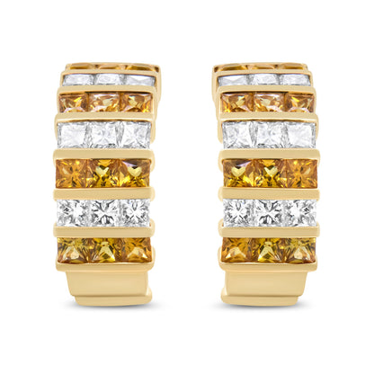 18K Yellow Gold 1 3/4 Cttw Invisible Set Princess Cut Diamond and 2.5mm Yellow Sapphire Huggie Hoop Earrings (F-G Color, VS1-VS2 Clarity)