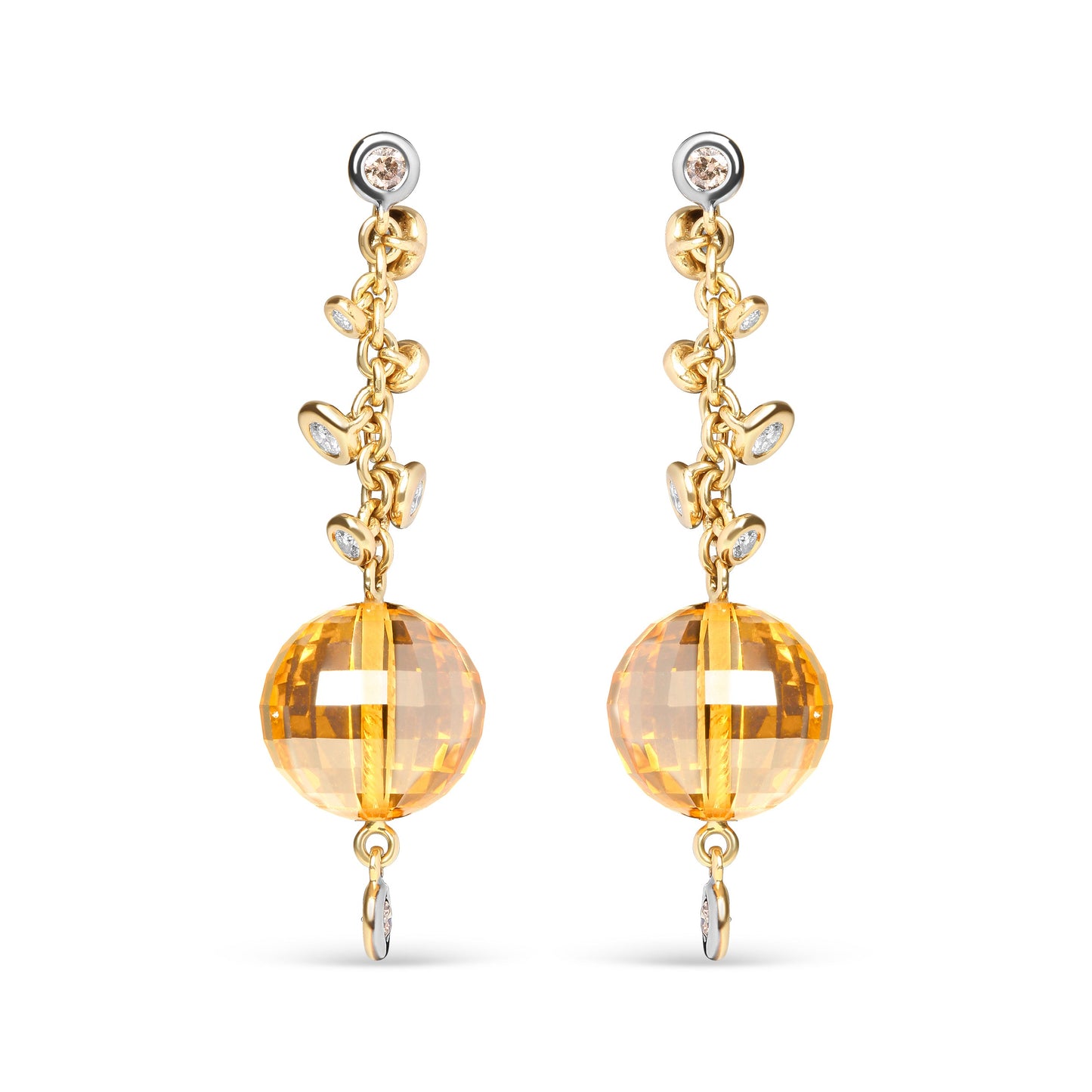 18K Yellow Gold 2/3 Cttw Round Bezel Diamond and 25mm Ball Shaped Yellow Citrine Gemstone Dangle Stud Earring (Brown and G-H Color, SI1-SI2 Clarity)