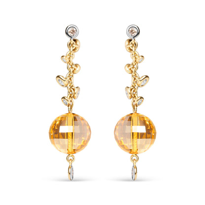 18K Yellow Gold 2/3 Cttw Round Bezel Diamond and 25mm Ball Shaped Yellow Citrine Gemstone Dangle Stud Earring (Brown and G-H Color, SI1-SI2 Clarity)