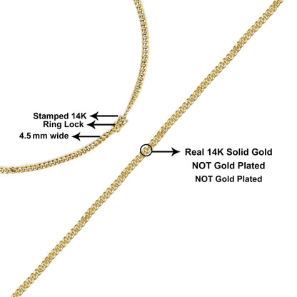 Semi-Solid 14K Yellow Gold 4.5mm Miami Cuban Chain Necklace - Unisex Chain - 22 Inches