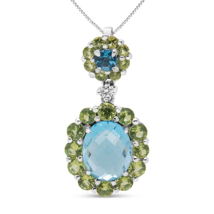 18k White Gold 0.05 Cttw Round Diamond and Blue Topaz and Green Peridot Gemstone Halo Drop 18" Pendant Necklace (F-G Color, VS1-VS2 Clarity)