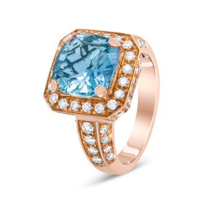18K Rose Gold 10x10mm Cushion Shaped Aquamarine and 1 1/8 Cttw Round Diamond Halo Ring (F-G Color, VS1-VS2 Clarity) - Ring Size 6.5