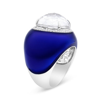18K White Gold 14mm White Quartz and 1/5 Cttw Diamond Halo with Blue Enamel Dome Ring (F-G Color, VS1-VS2 Clarity) - Ring Size 7