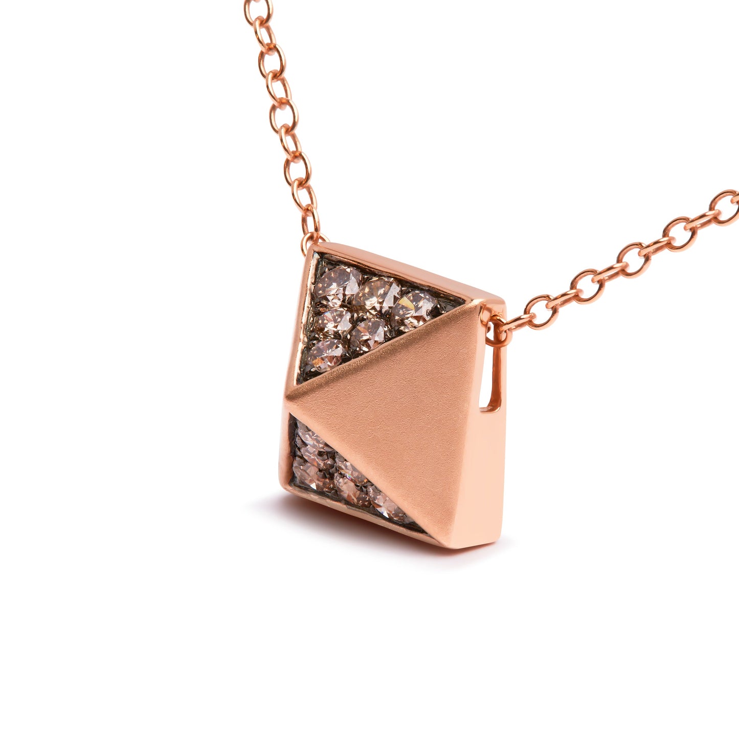 14K Rose Gold 1/4 Cttw Brown Diamond Matte Finished Pyramid Pendant Necklace (Brown Color, SI1-SI2 Clarity) - 18" Inches
