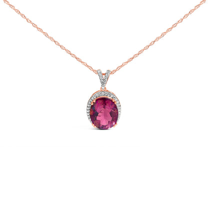14K Rose Gold Vermeil Sterling Silver 1/5 Cttw Diamond Pink Quartz Oval Pendant Necklace