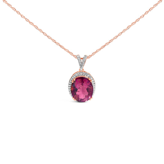 Collier Pendentif Ovale en Quartz Rose et Diamants 1/5 Cttw, Argent Sterling Vermeil Or Rose 14K