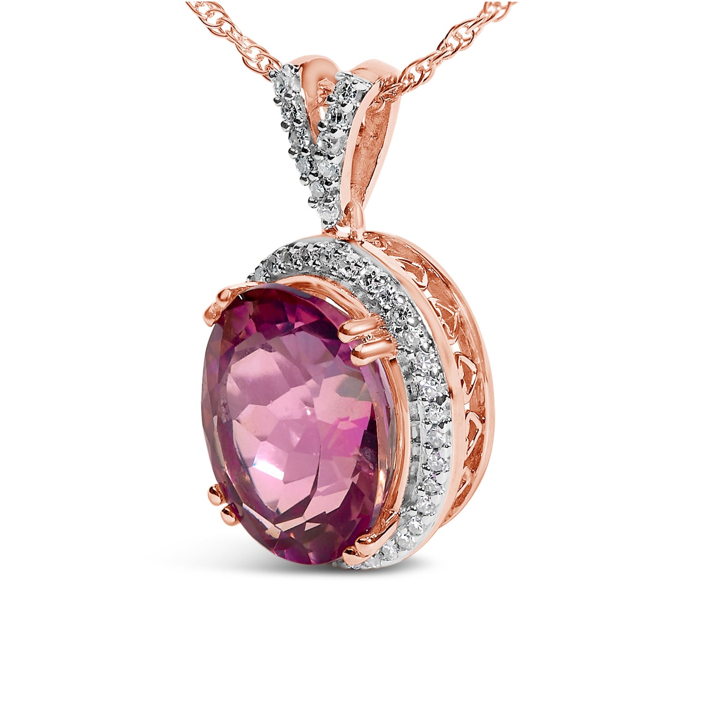 14K Rose Gold Vermeil Sterling Silver 1/5 Cttw Diamond Pink Quartz Oval Pendant Necklace